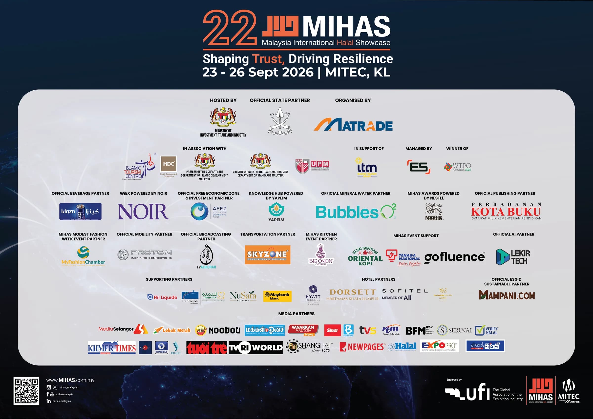 MIHAS 2026 official partners — hosted by MITI, official state partner Selangor, organised by MATRADE, with official, supporting, hotel and media partners