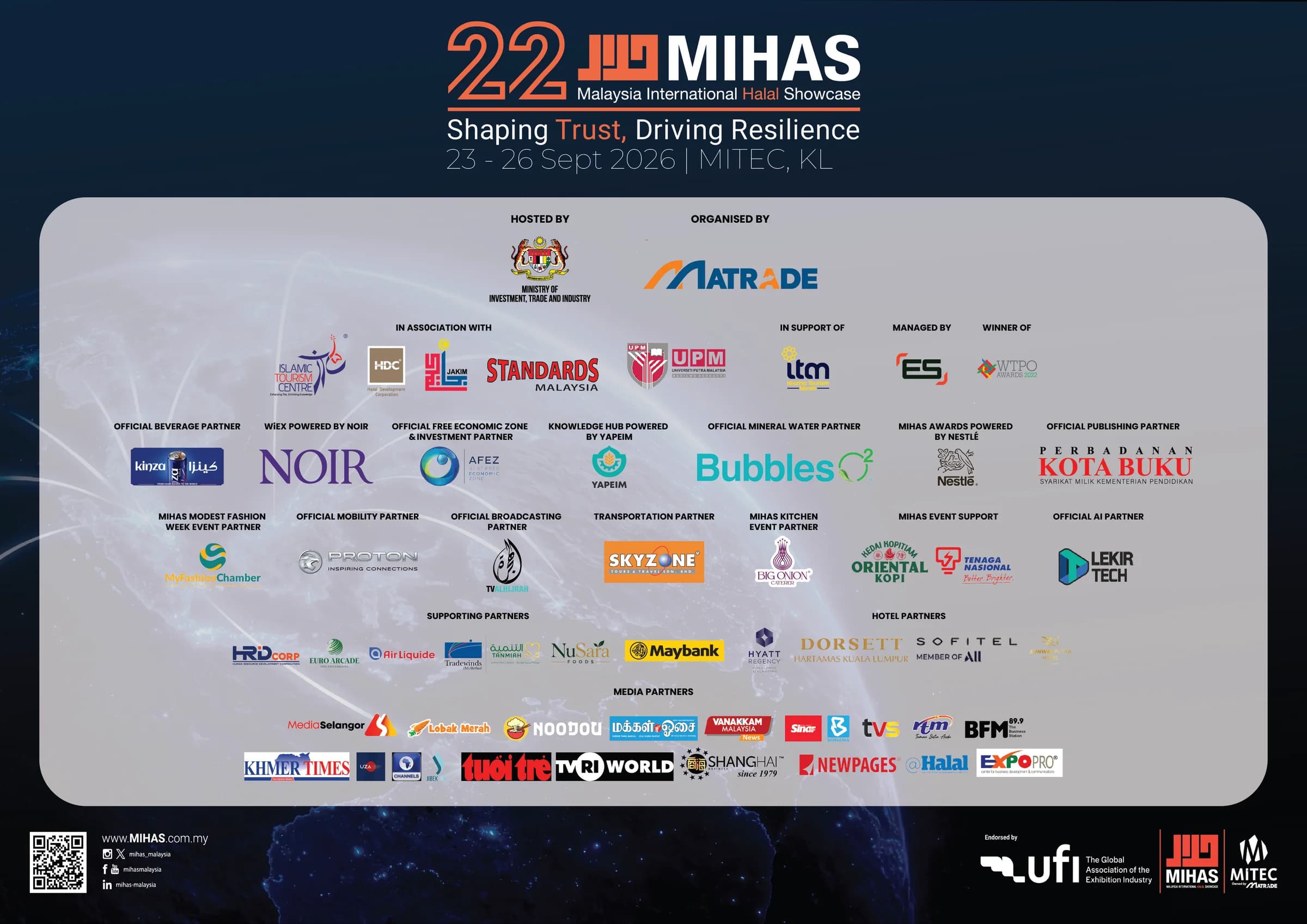 MIHAS 2026 official partners — hosted by MITI, organised by MATRADE, with official, supporting, hotel and media partners